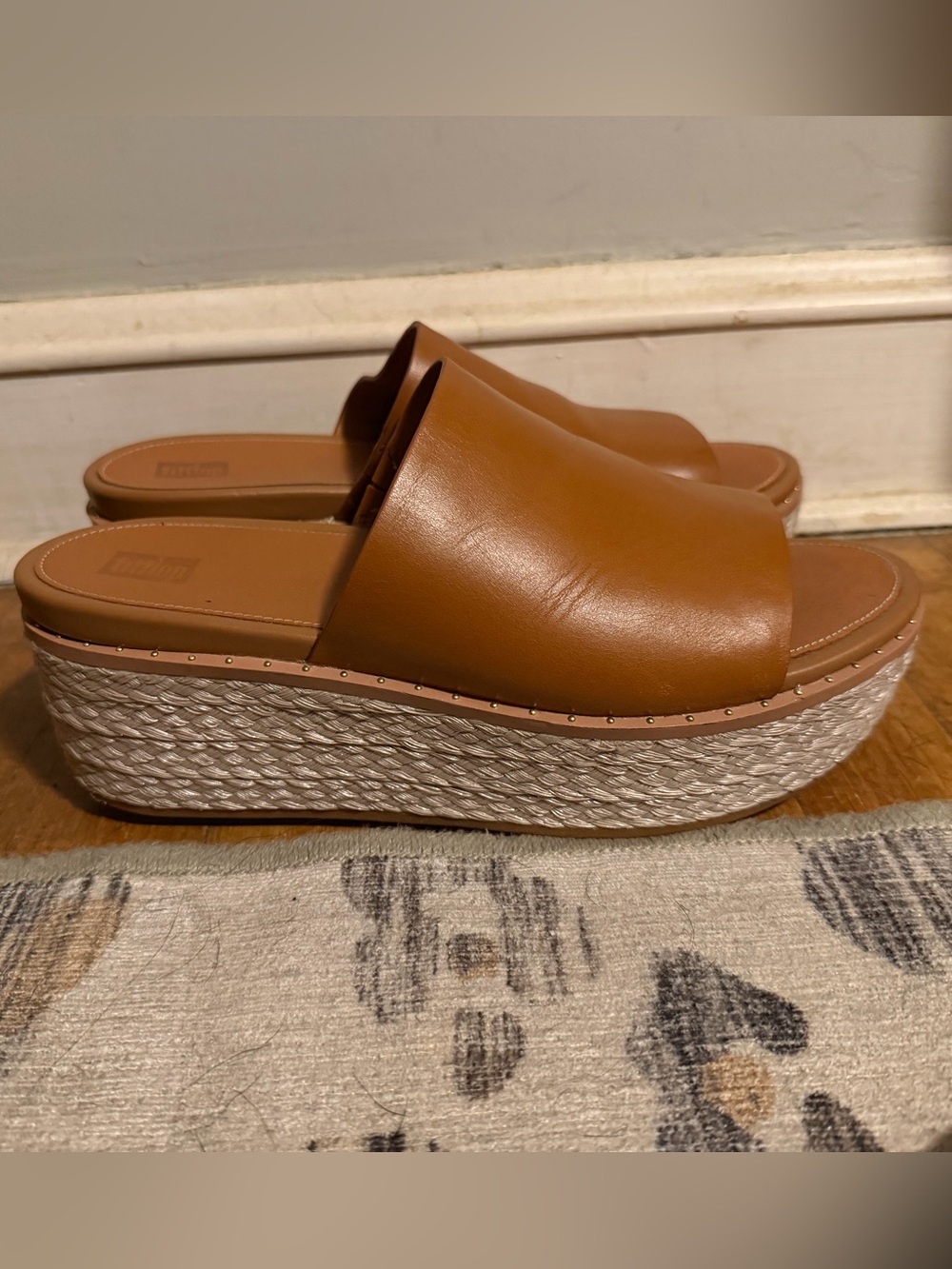 Fitflop Cognac Leather Platform Slide Sandals